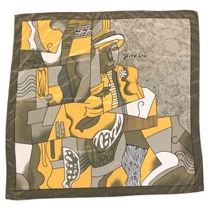 Picasso Design 100% Silk Scarf - Gold Green/Grey Black Geometric Abstract Modern